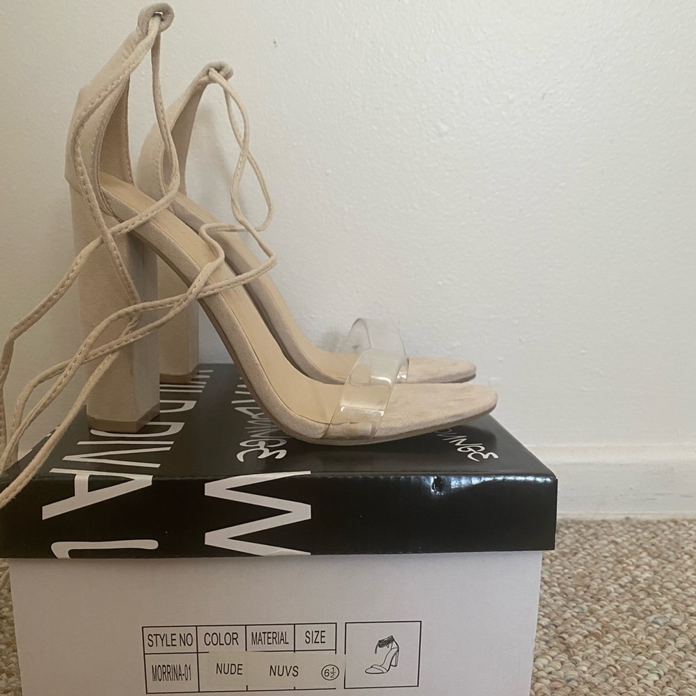 nude/ clear lace up block heel